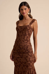 Celeste Brown Floral Burnout Bustier Maxi Dress